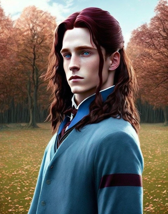 Man with long brown hair and blue eyes in blue jacket against autumn tree backdrop