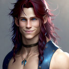 Smiling character with red hair, blue eyes, and shoulder armor