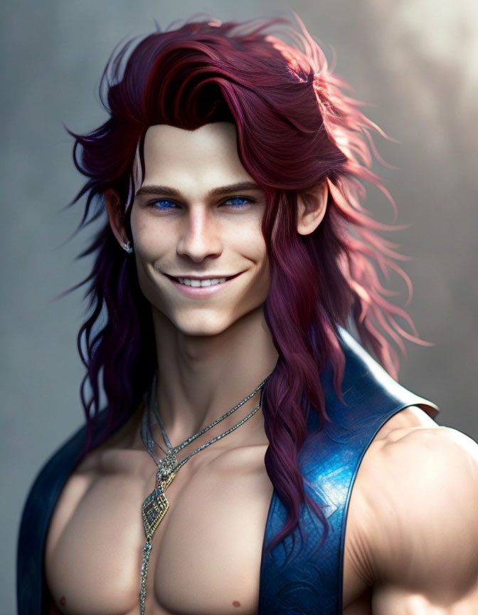 Smiling character with red hair, blue eyes, and shoulder armor