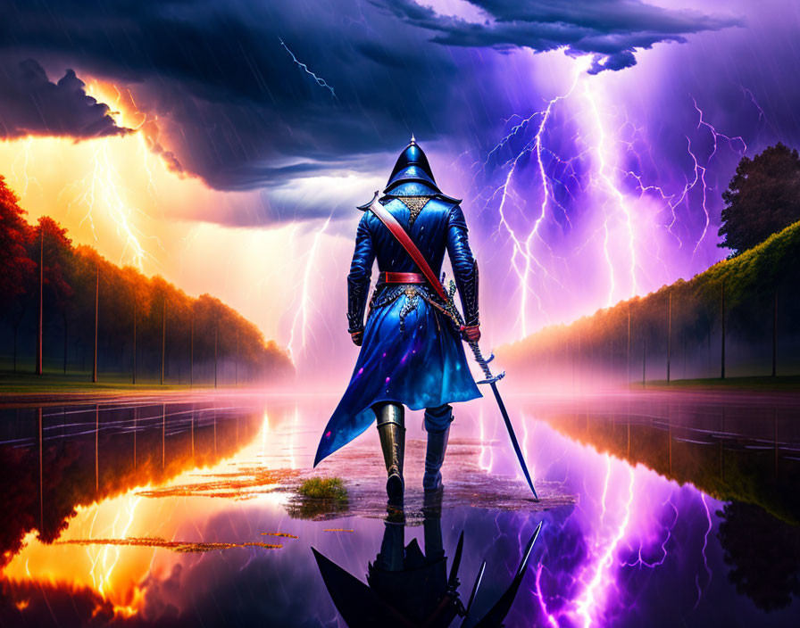 Knight in Shining Armor Reflects Thunderstorm Scene