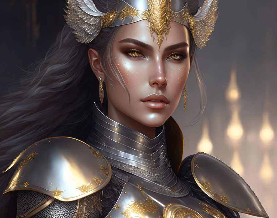 Regal woman in golden armor and crown on dark background