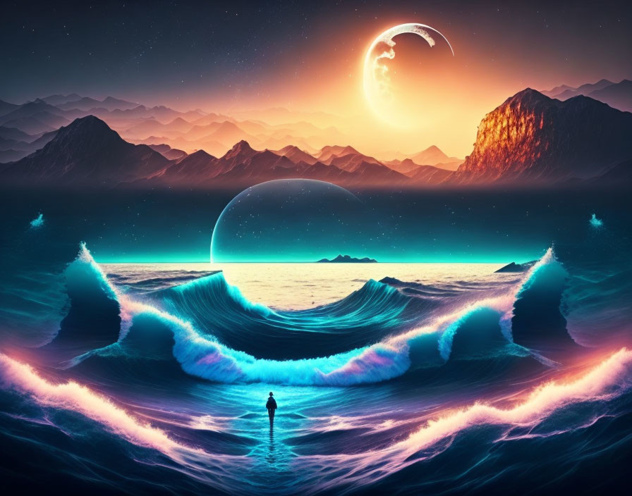 Person standing between glowing waves under starry sky with crescent moon, facing mountain range and spherical structure