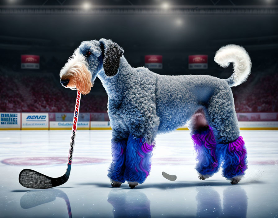 Curly-Haired Dog on Ice Rink with Hockey Stick and Dyed Paws