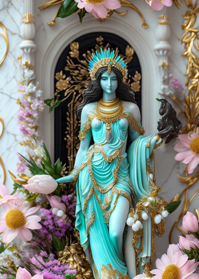 Blue-skinned deity statue with golden jewelry in white and gold setting, surrounded by pink and purple flowers