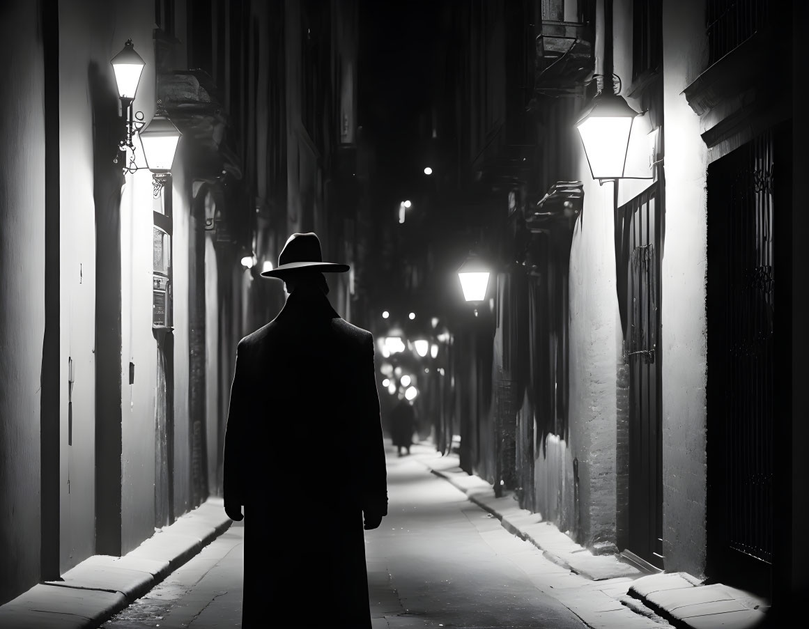 Silhouetted figure in hat and coat walking down dimly lit alleyway at night