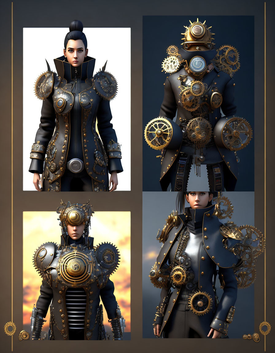 Steampunk-style character outfit collage with cog and gear decorations