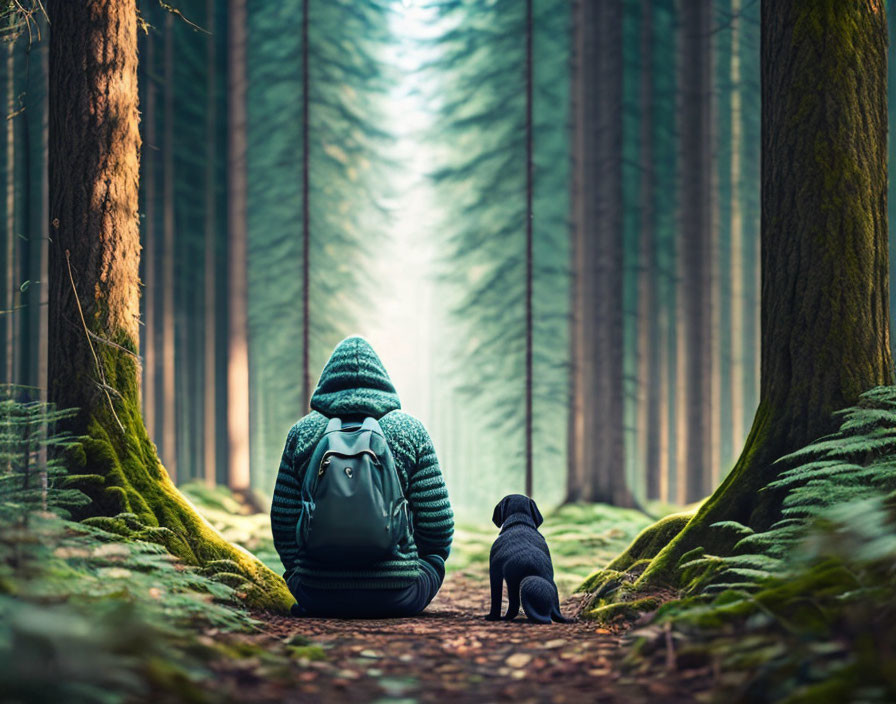 Person with dog on forest path among tall trees and ferns.