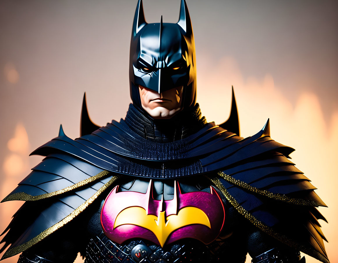 Detailed Batman figurine with stern expression and cape against fiery backdrop