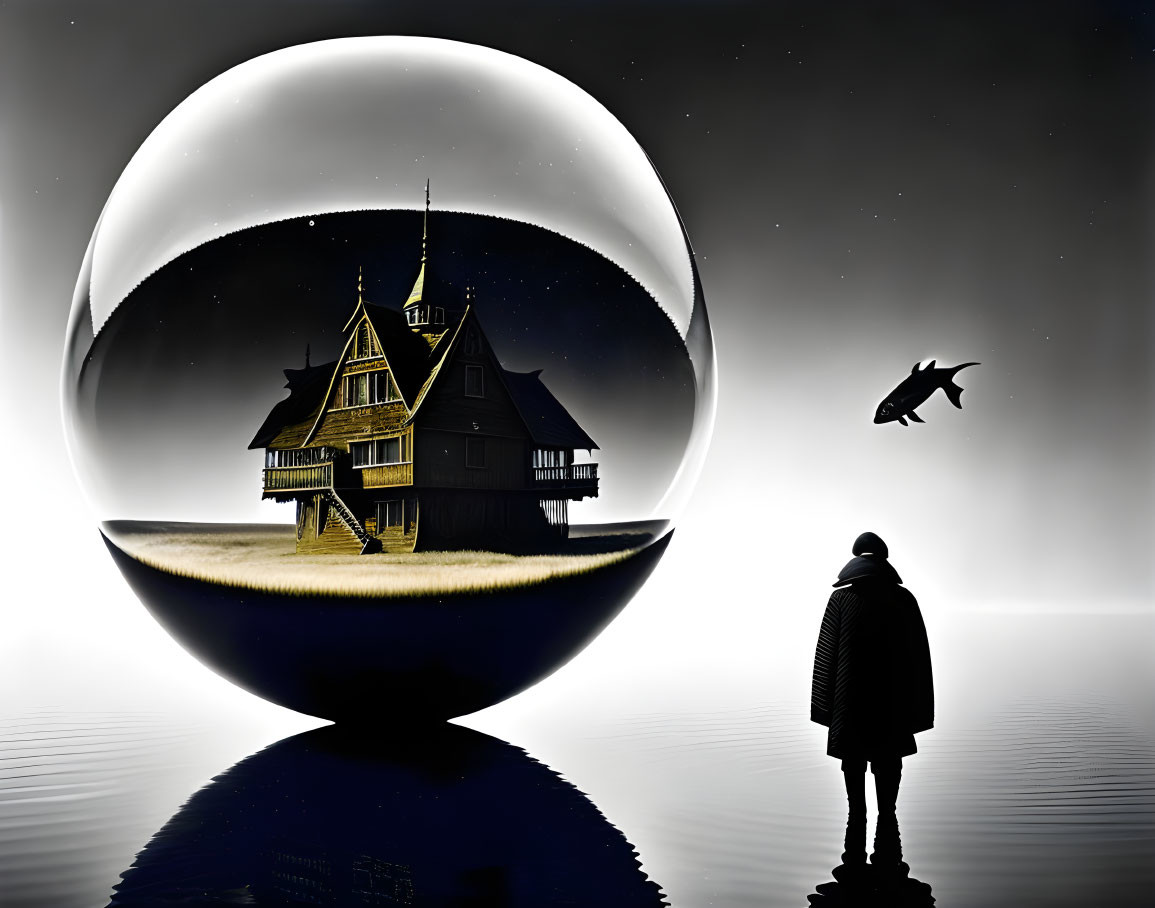 Person standing before luminous sphere encapsulating house under starry sky with leaping dolphin silhouette