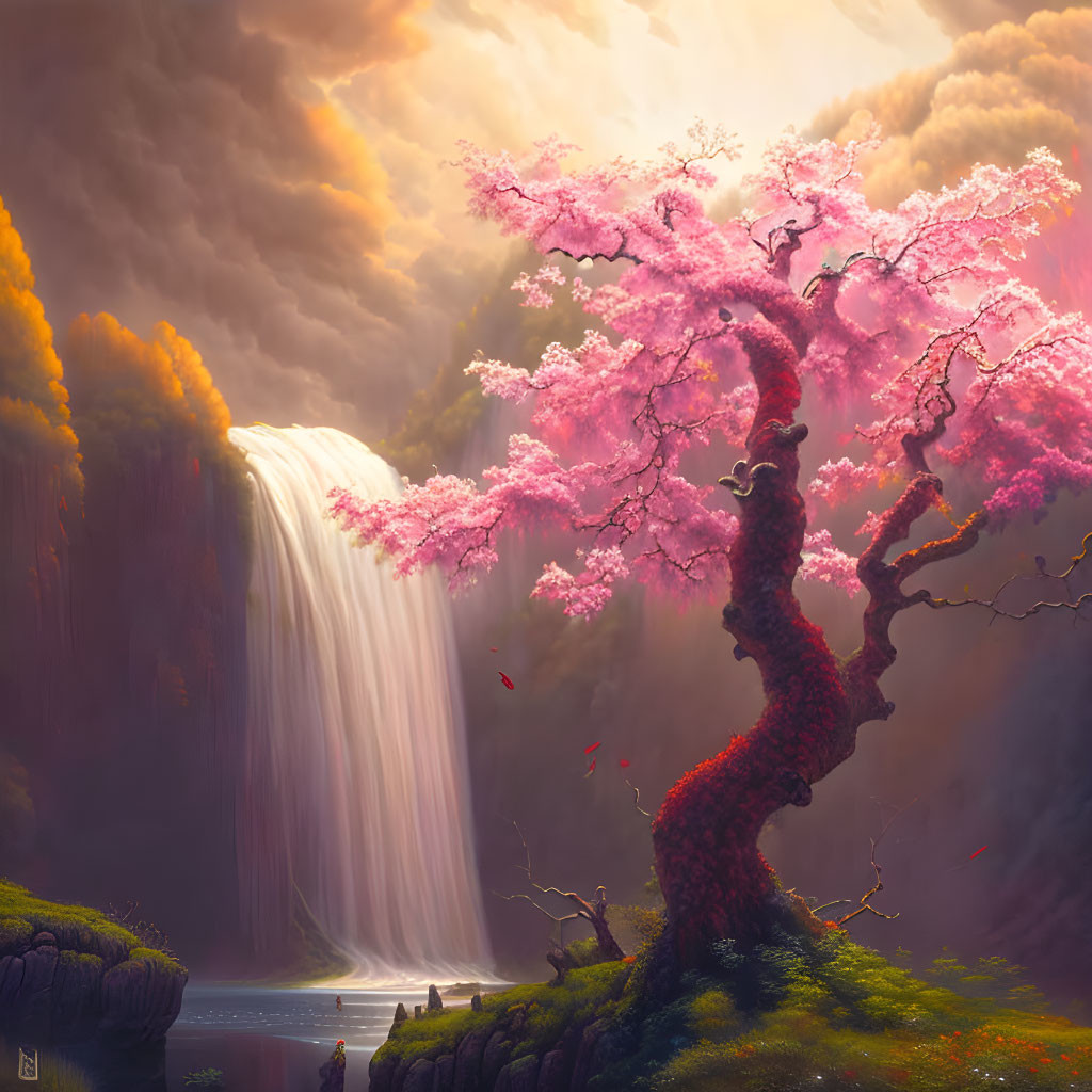 Scenic artwork: Cherry blossom tree, waterfall, dramatic sky