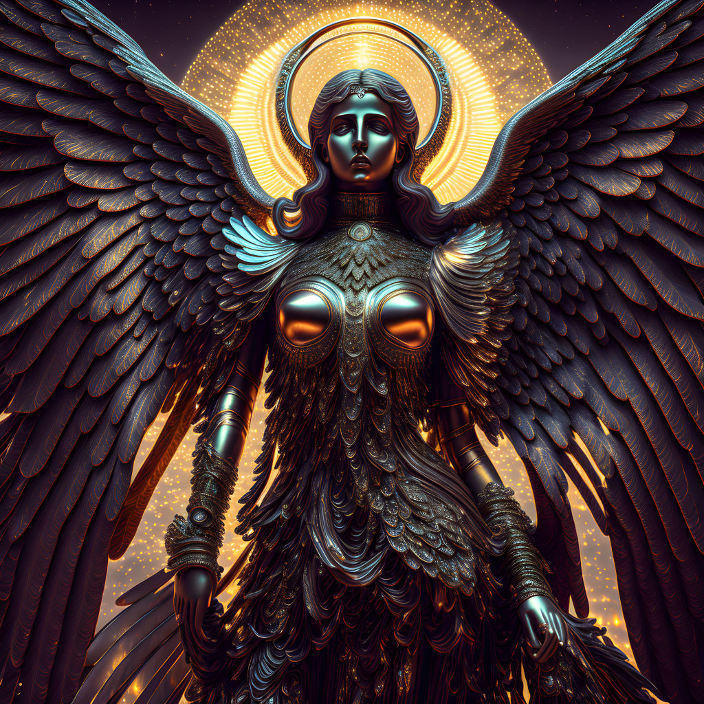 Detailed Illustration: Angelic Figure with Mechanical Wings and Halo in Ornate Armor against Cosmic Backdrop