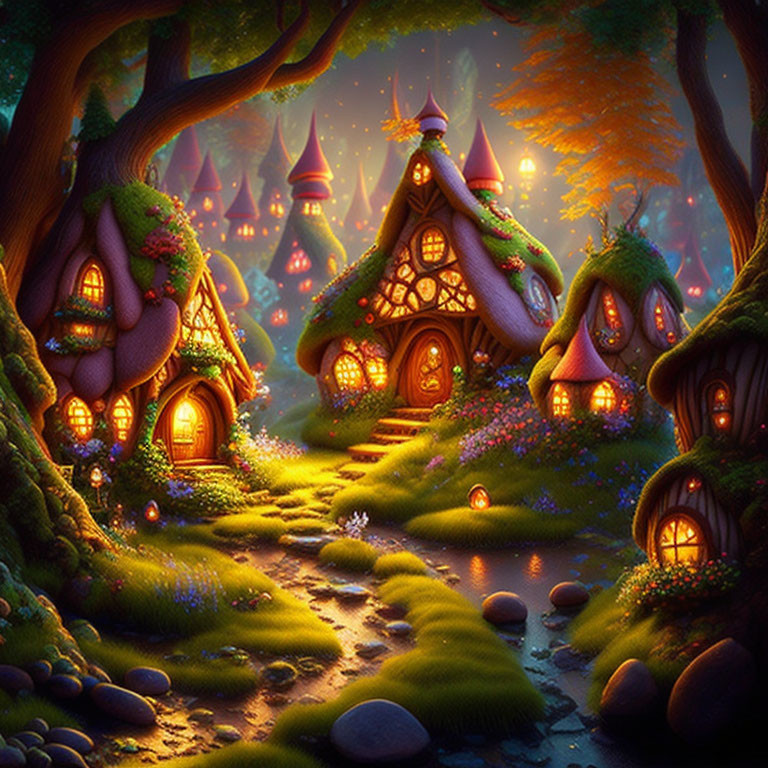 Whimsical Mushroom Houses in Enchanting Twilight Forest