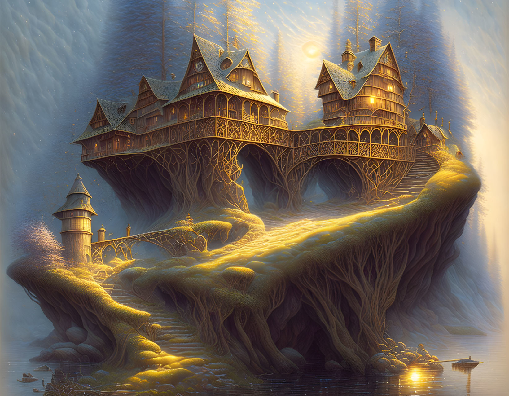 Enchanted cliff-top fantasy castle in warm sunlight and misty forest