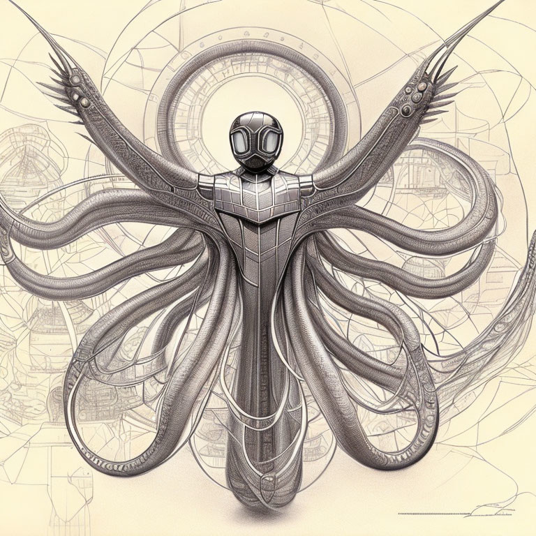 Illustration of figure in form-fitting suit with tentacle-like appendages on intricate mechanical background