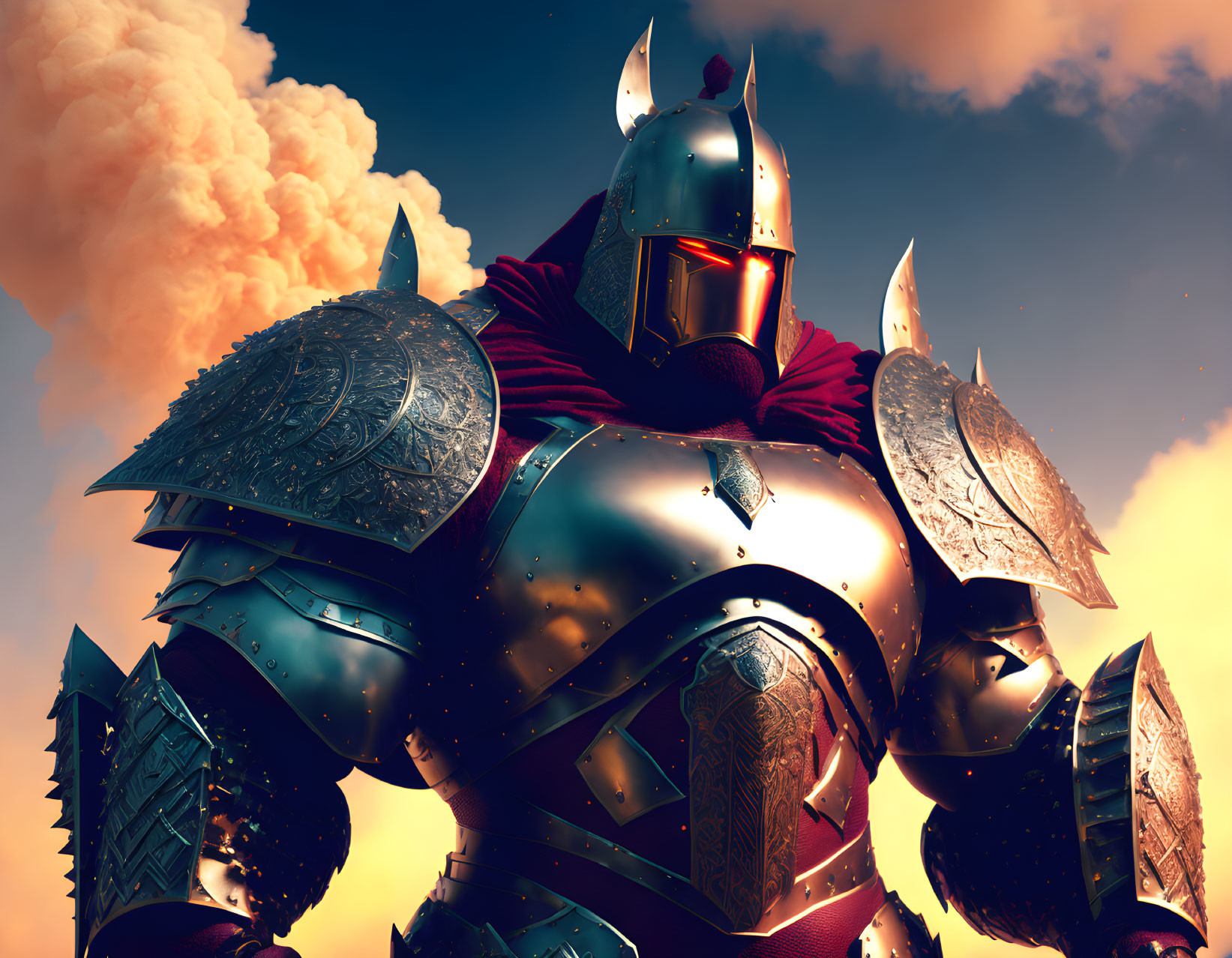 Knight in ornate armor with glowing eyes under dramatic sky.