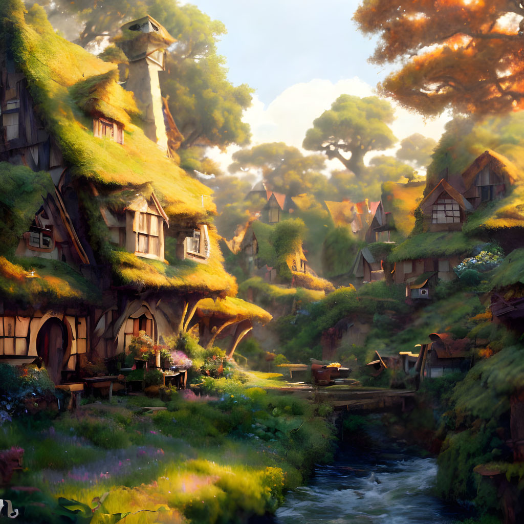 Picturesque village scene with thatched-roof cottages, lush greenery, and tranquil stream.