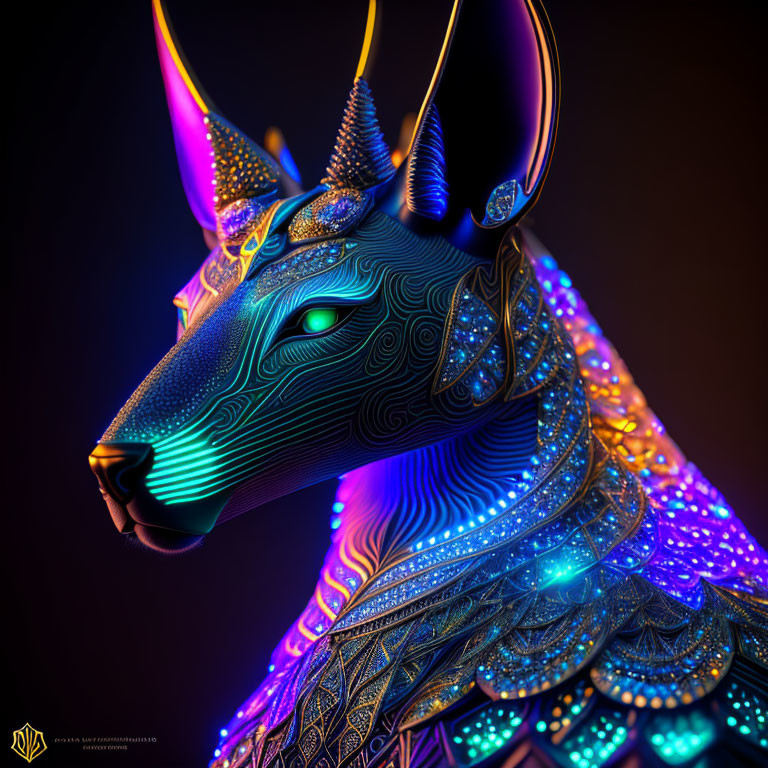 Colorful digital artwork of stylized neon-lit animal with glowing emerald eyes.