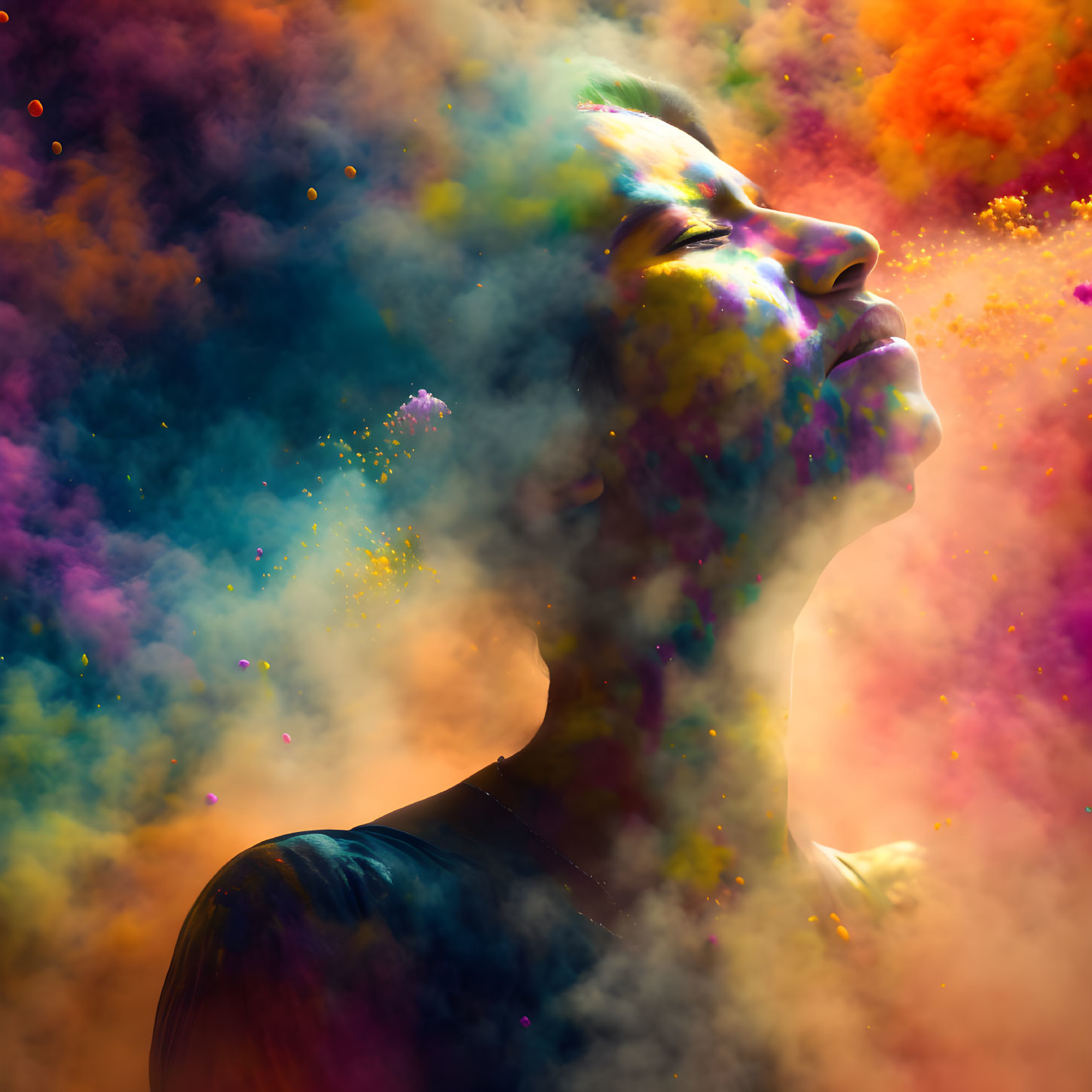 Person surrounded by vibrant multicolored powder in dreamlike scene