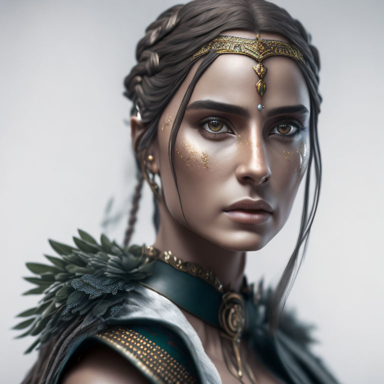 Digital portrait of a woman with braided hair, golden facial adornments, and feathered shoulder armor