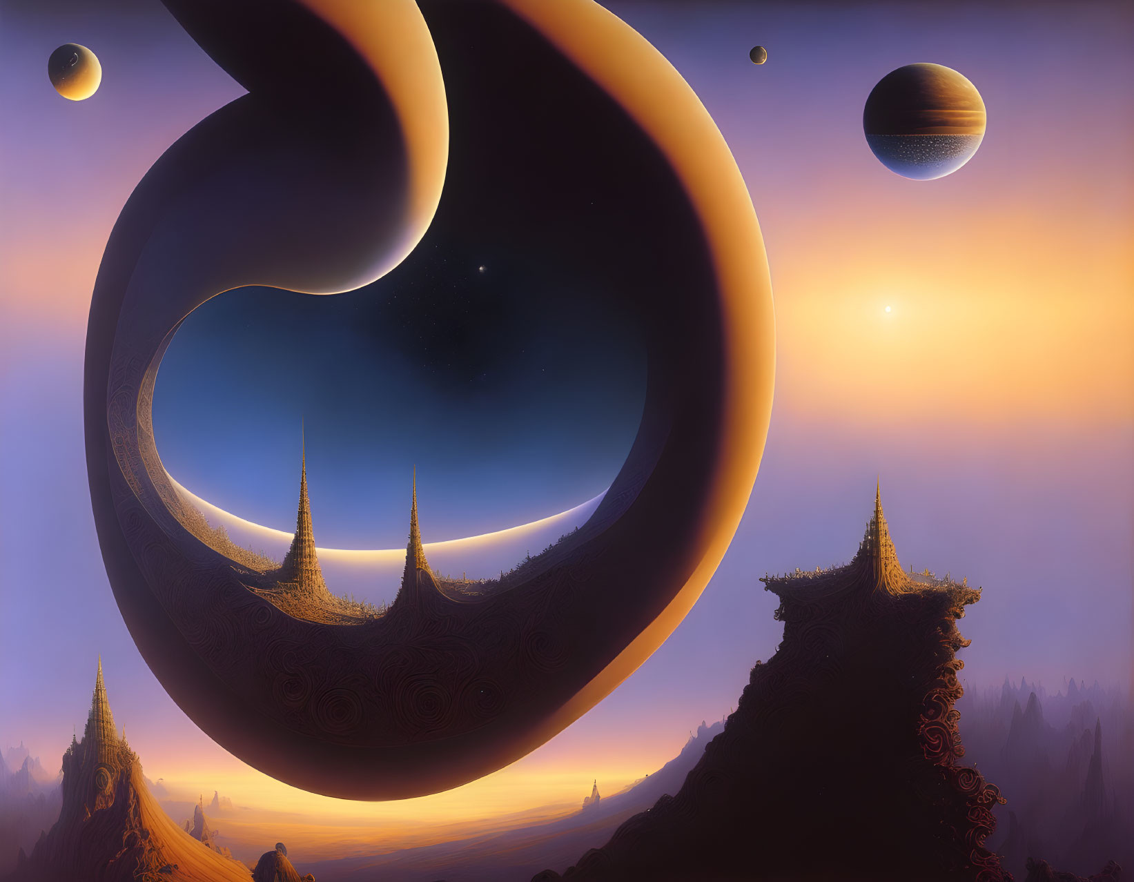 Surreal landscape with floating celestial bodies and ornate spires