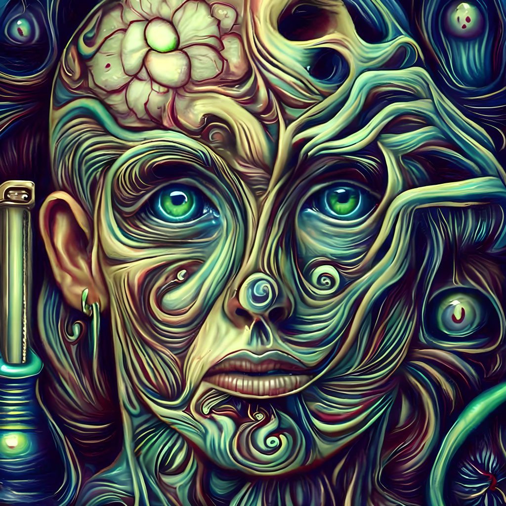 Colorful surreal portrait with swirling patterns and abstract elements featuring a prominent eye.