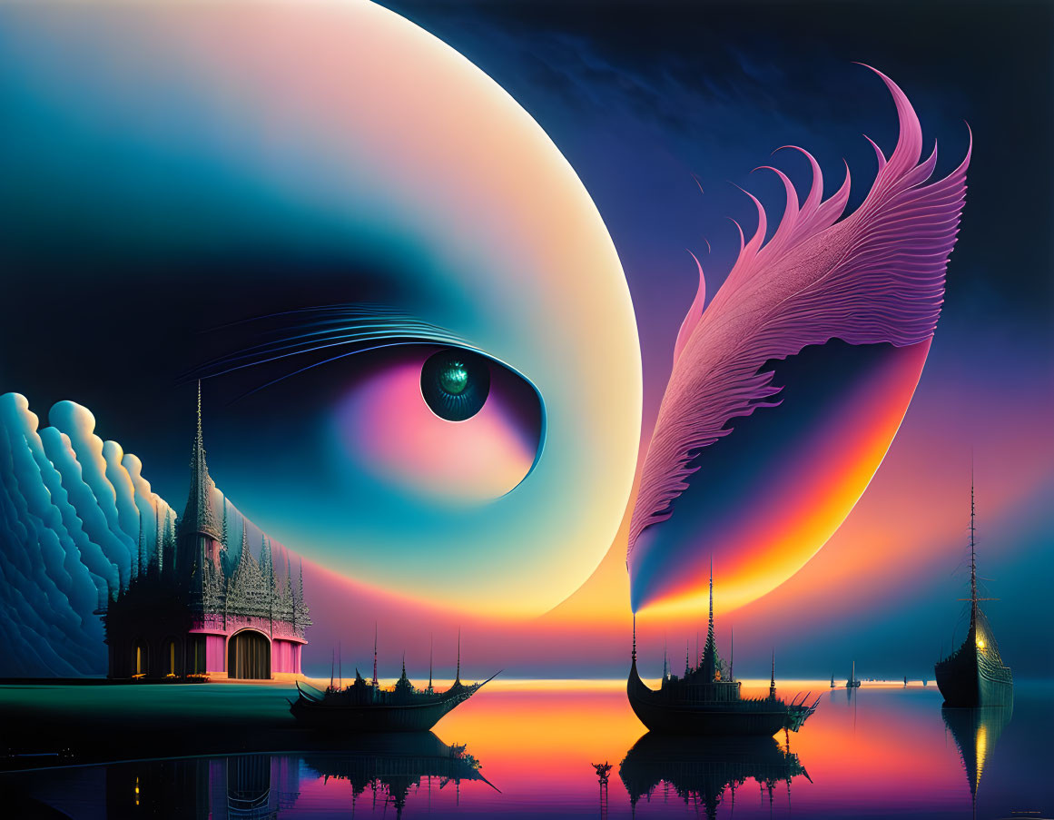 Surreal landscape with oversized eye, floating feather, fantasy architecture, ships, vibrant sunset hues