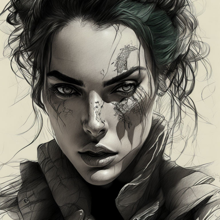 Mysterious woman illustration with green eyes and cracked skin details