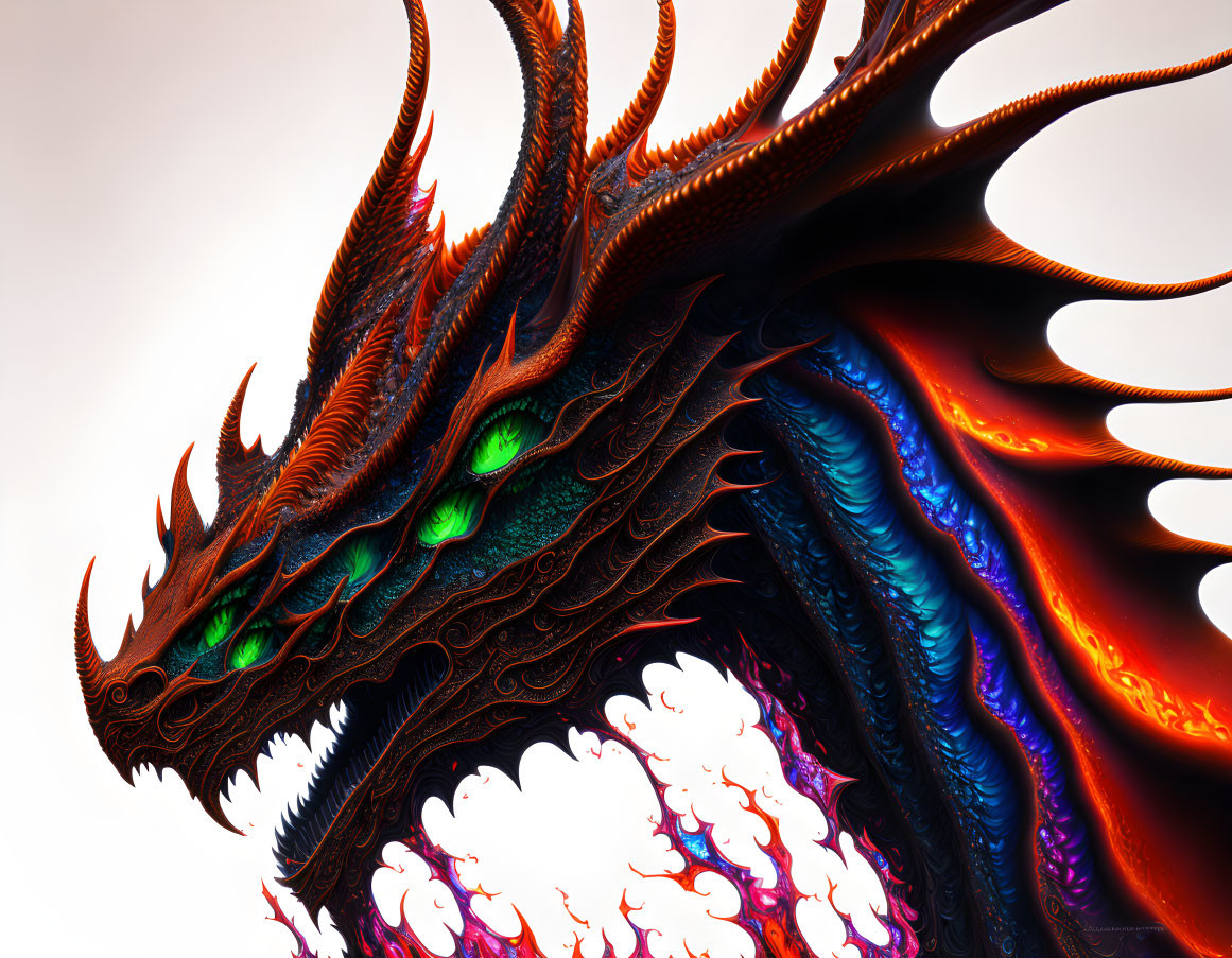 Vibrant digital dragon art: orange scales, intricate horns, green eyes.