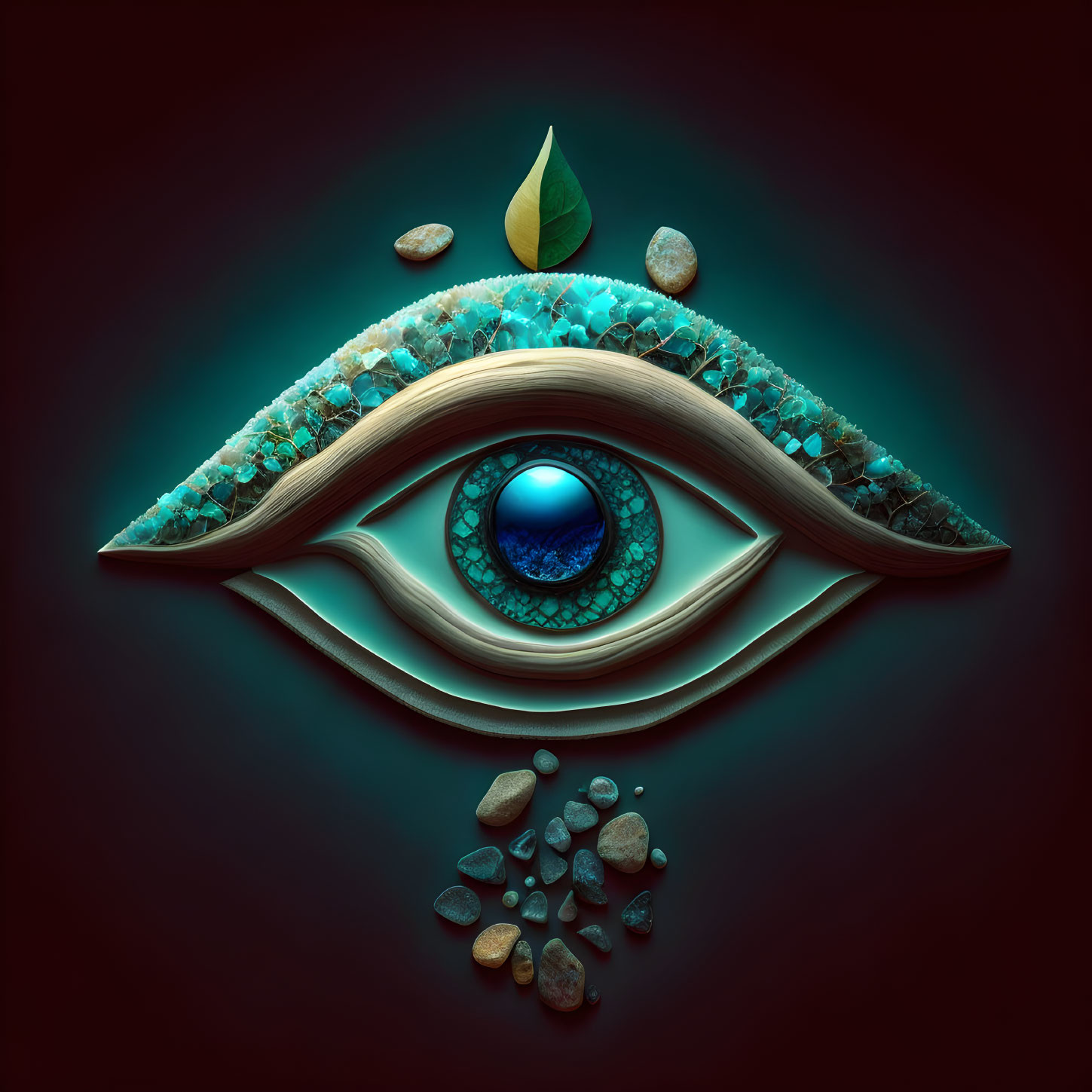 Detailed Eye of Horus with iris, stones, and leaves on dark background