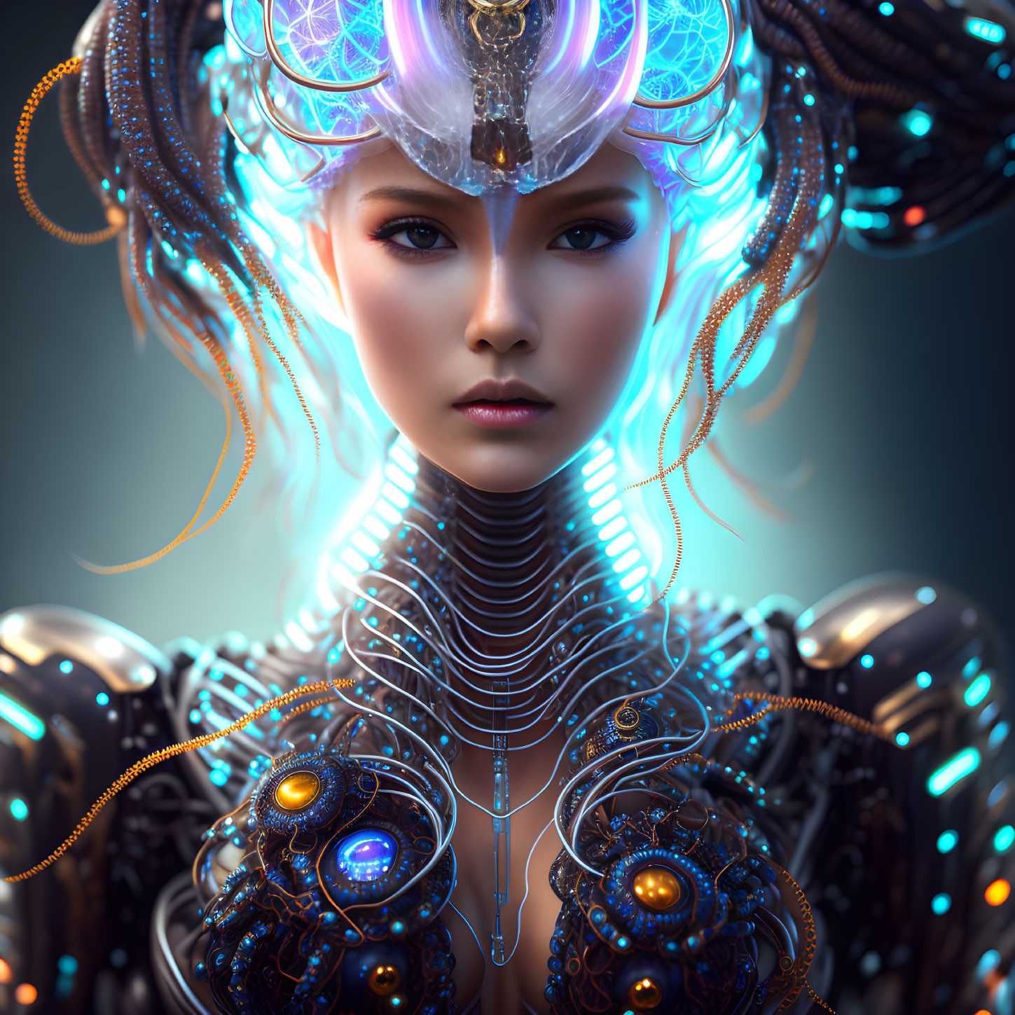 Futuristic female android with glowing blue hair and intricate headgear