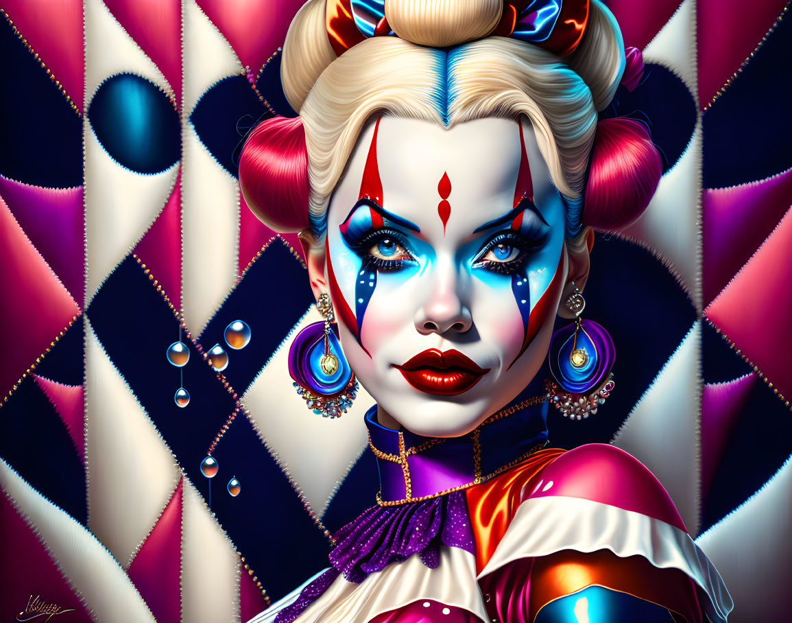 Colorful clown-inspired digital art with intricate makeup and vibrant background