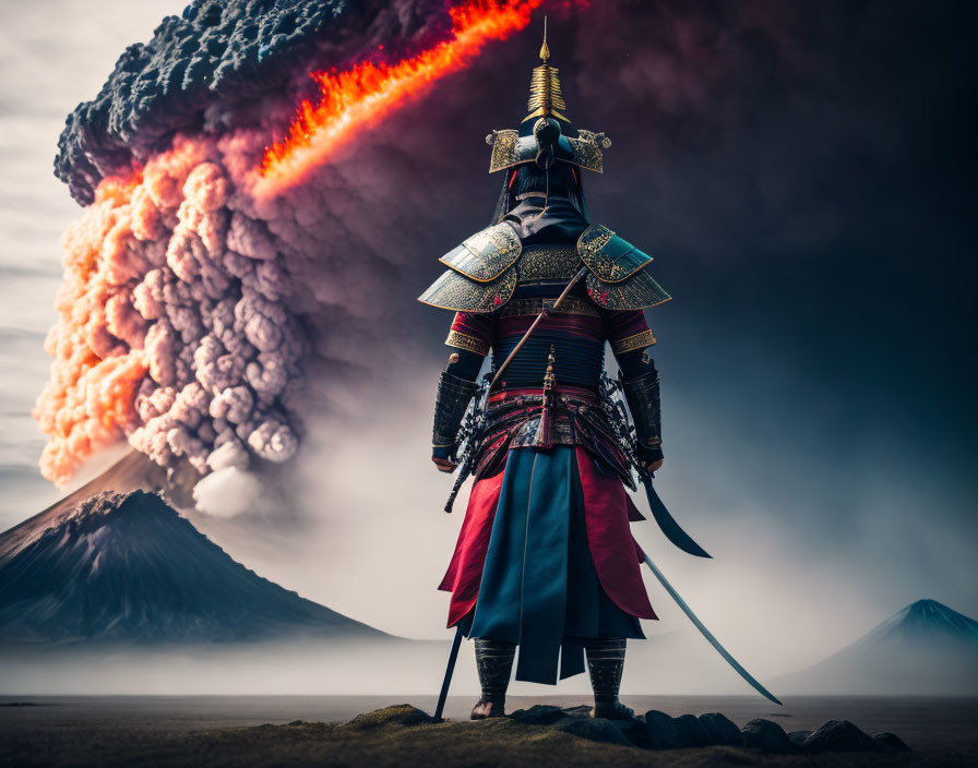 Traditional samurai in armor faces erupting volcano with fiery explosion.