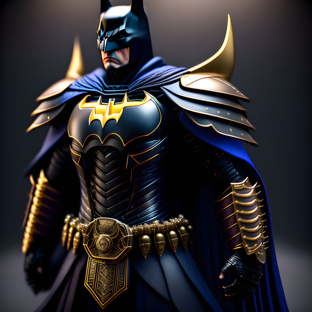 Detailed 3D Illustration of Batman in Armored Suit with Bold Bat-Symbol and Dramatic