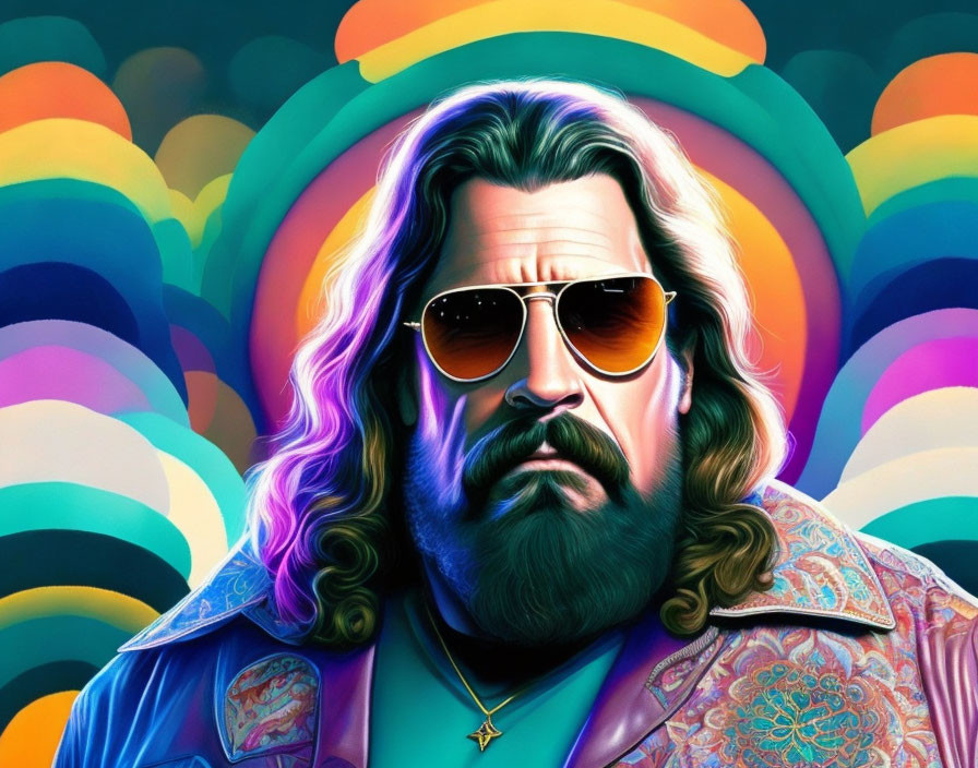 Colorful illustration: Man with beard and sunglasses in psychedelic halos