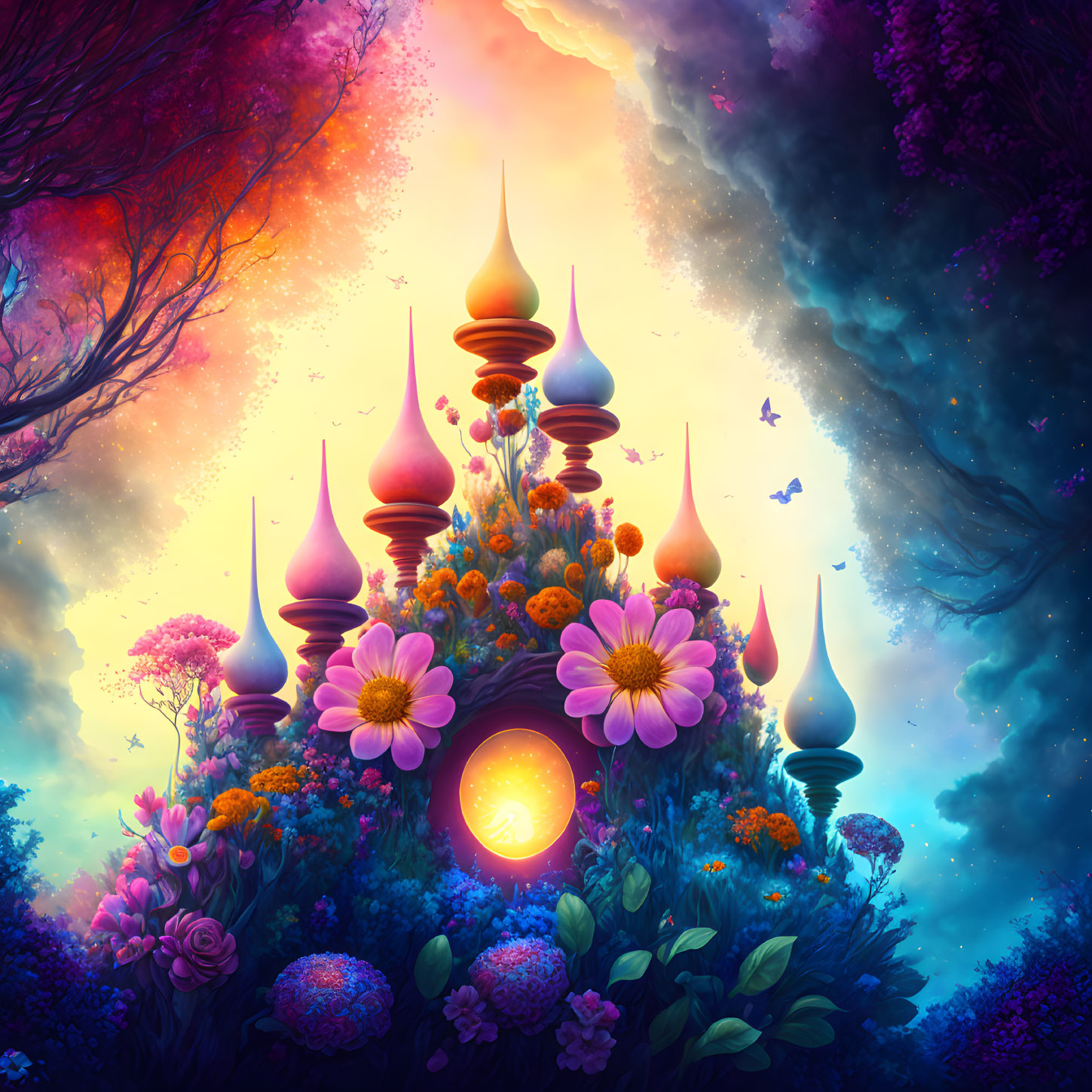 Vibrant flowers and whimsical buildings in fantastical landscape