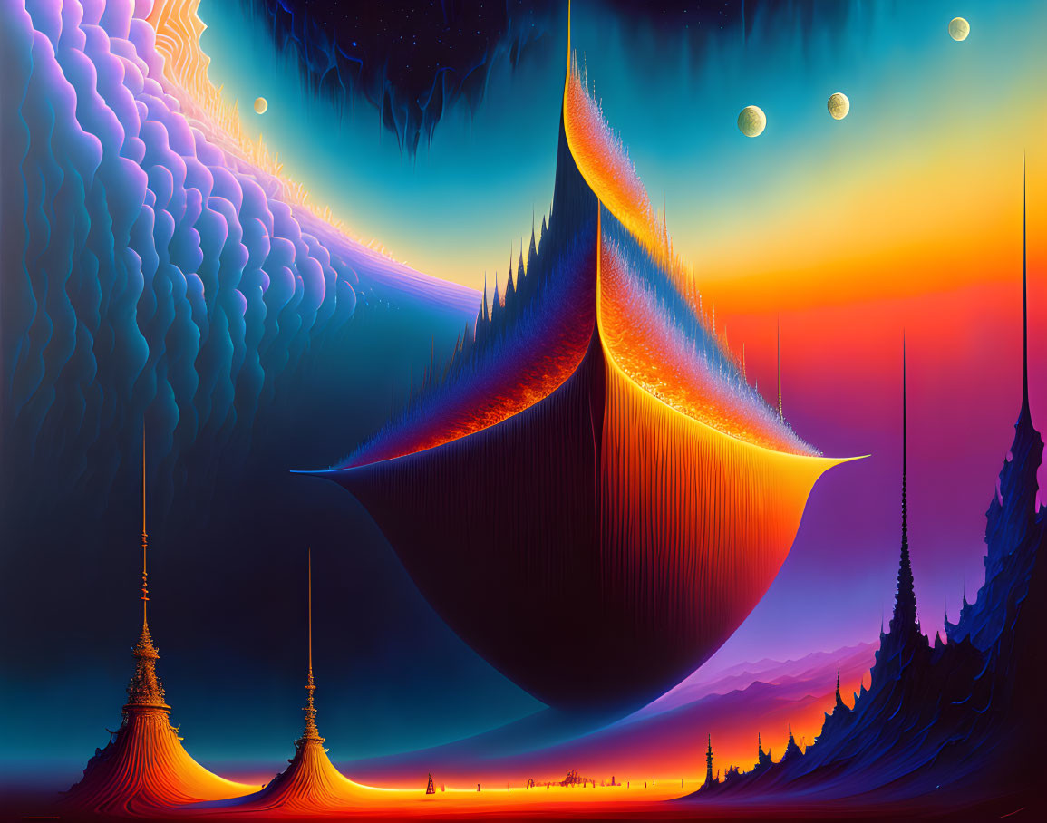 Surreal landscape with floating structures and moons in gradient sky