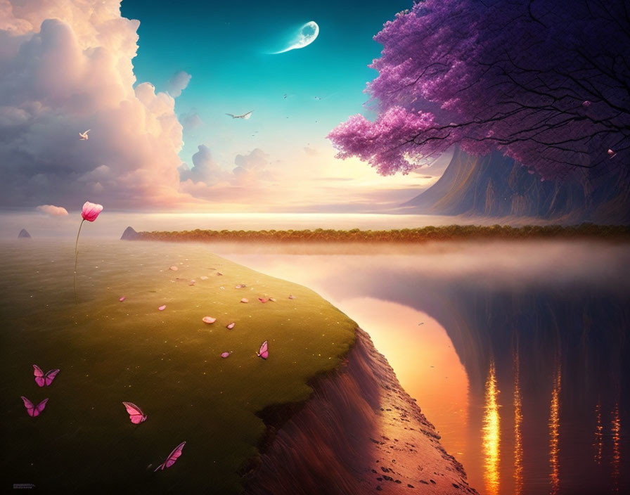 Fantasy landscape with purple tree, butterflies, river, and crescent moon