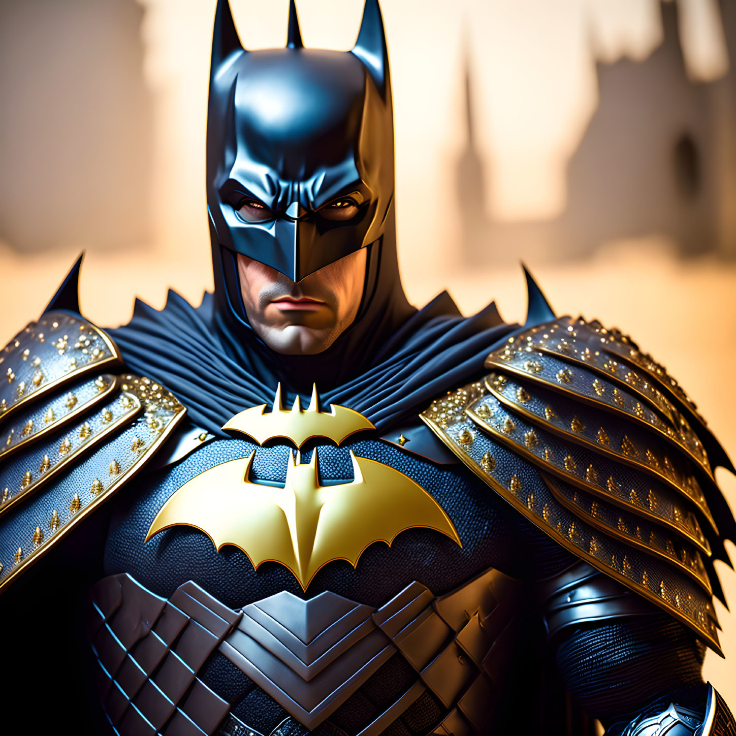 Detailed Batman costume with cowl, armored suit, and bat emblem in Gotham City.