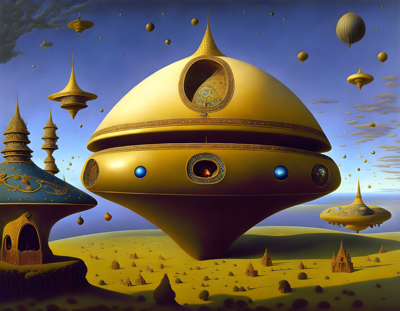 Surreal landscape with floating golden structures and blue gem-like decorations