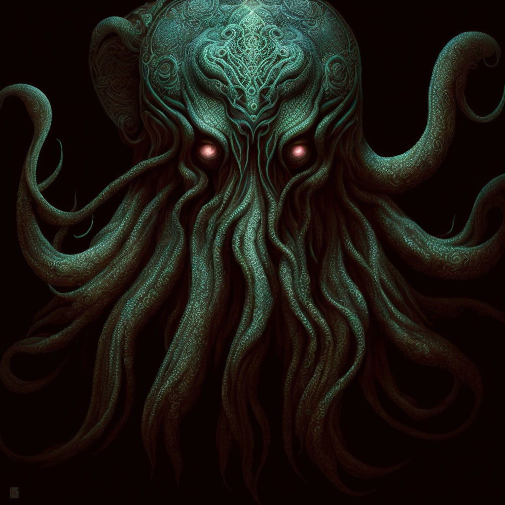 Detailed Octopus Artwork with Intricate Patterns and Glowing Red Eyes