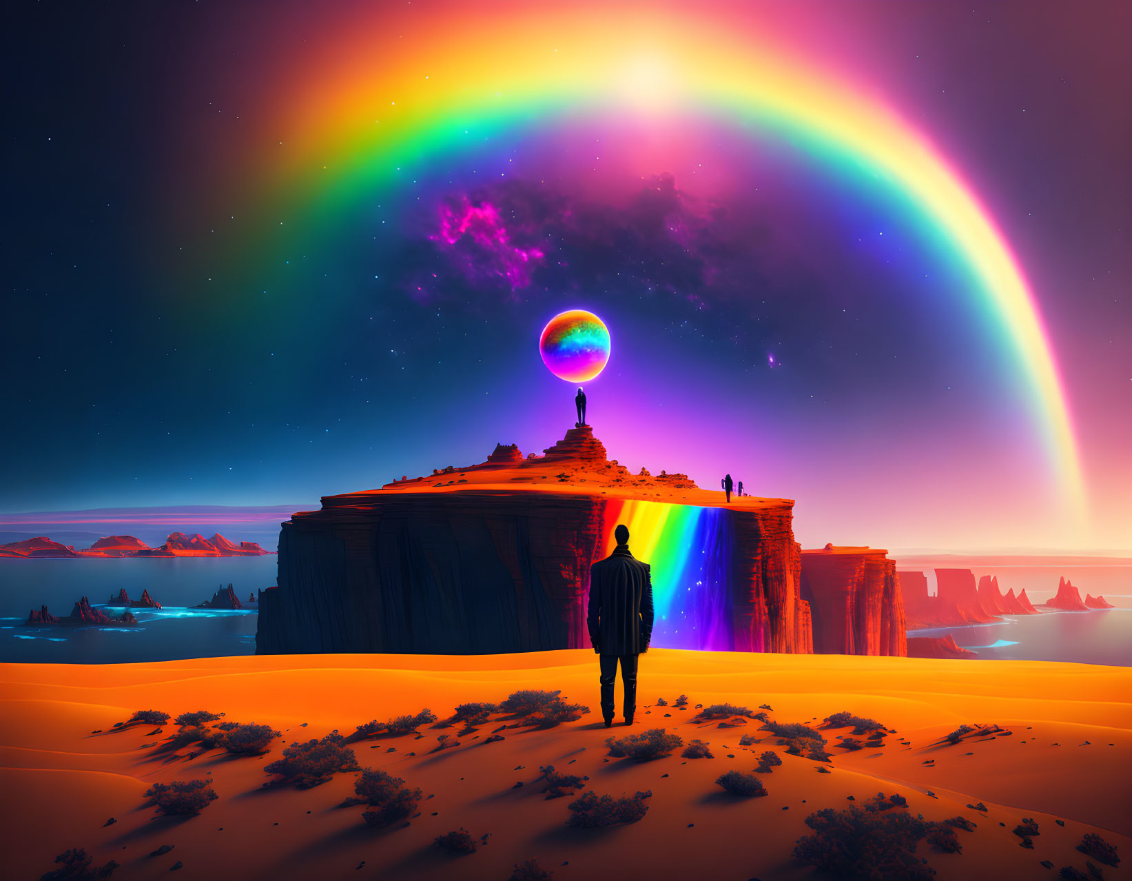 Person admires rainbow over floating orb in surreal twilight