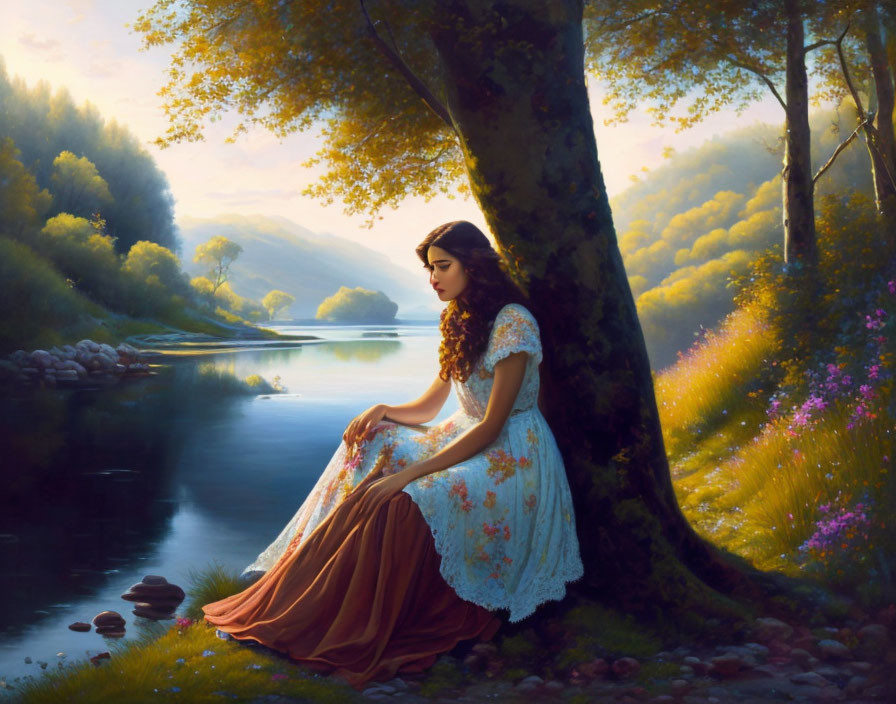 Vintage Dress Woman Sitting by Tranquil River and Tree