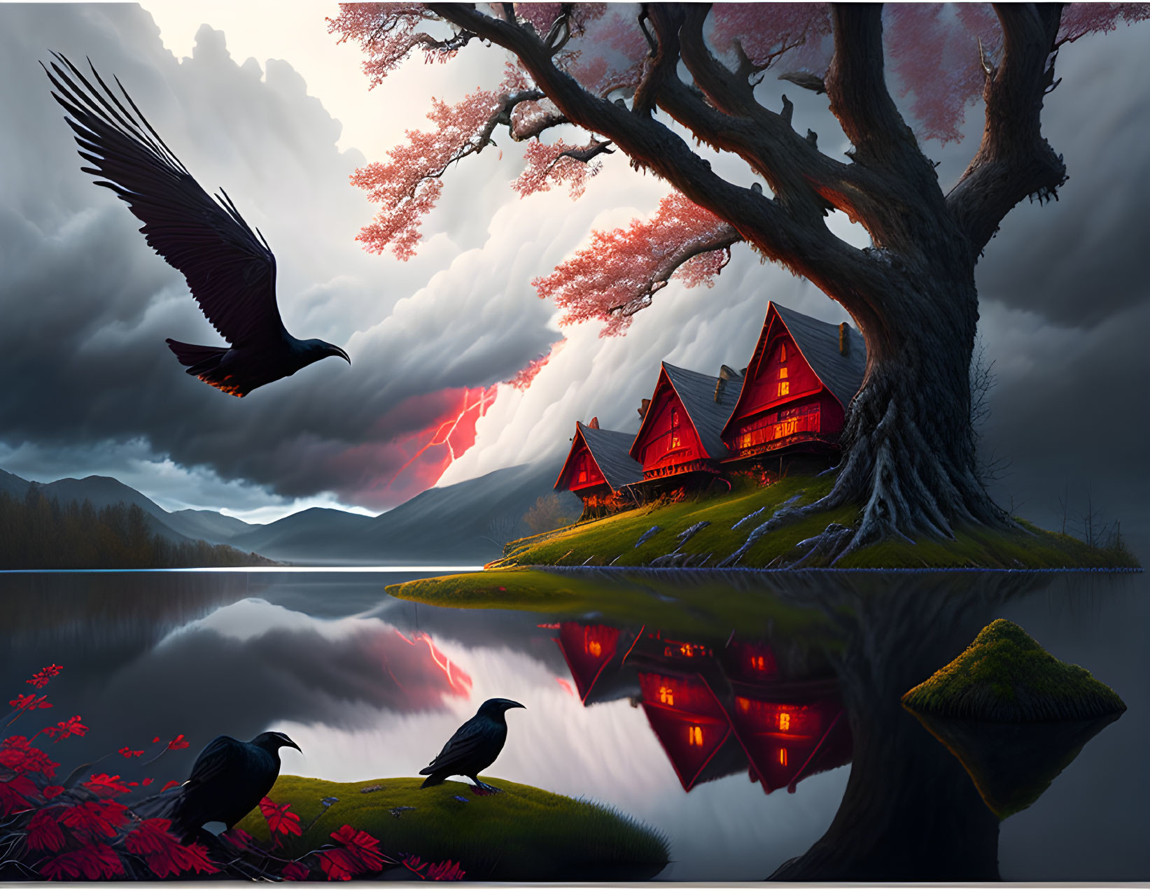 Majestic raven flying over tranquil lake with cherry blossom tree, mountains, and dramatic sky