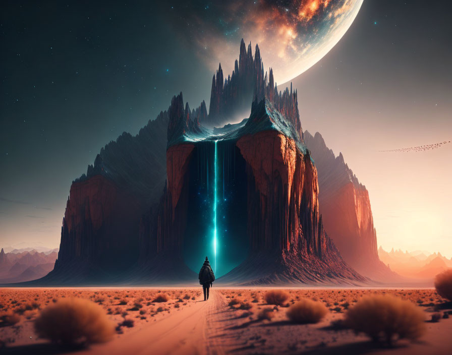 Figure in Surreal Desert Landscape with Illuminated Mountain Pass