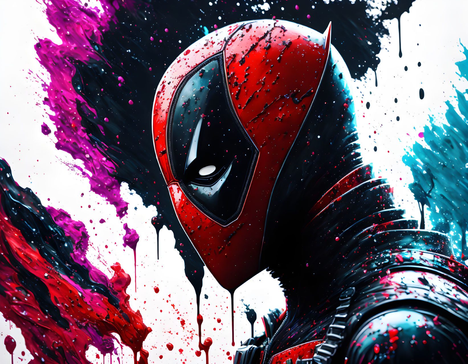 Vibrant red and black masked character with colorful paint splashes.