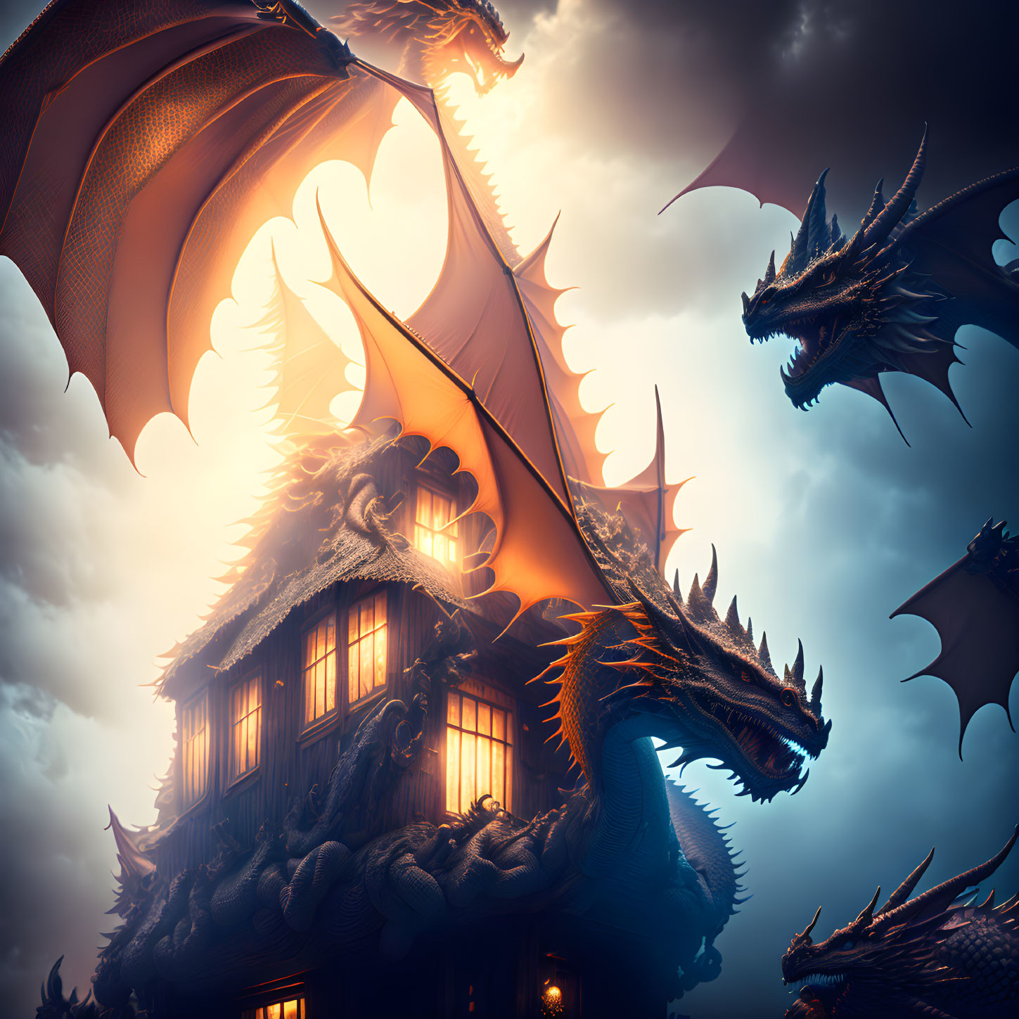 Multiple fierce dragons encircle house under dramatic cloudy sky