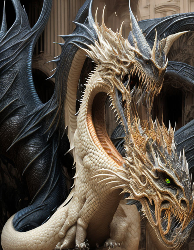 Detailed Dragon with Golden Horns and Green Eyes in Gothic Setting