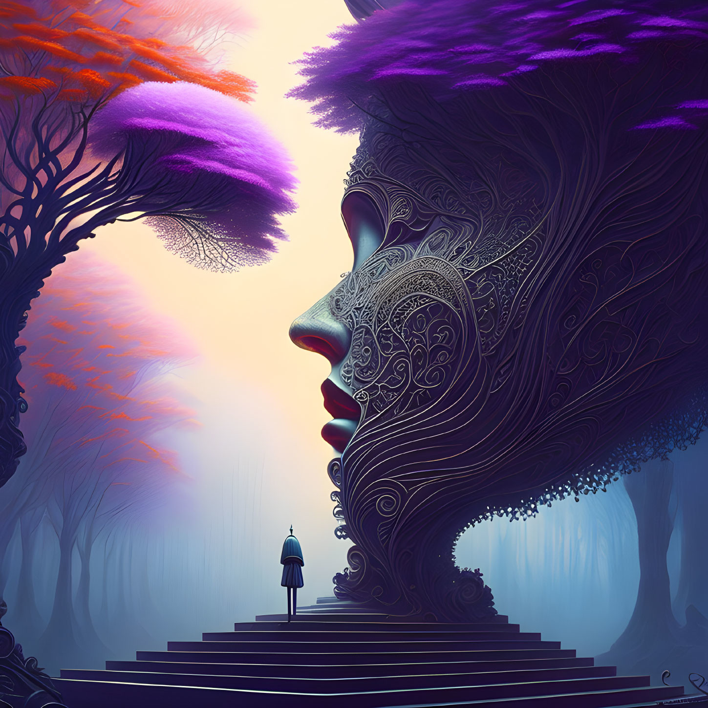 Surreal artwork: giant woman profile merges with purple tree canopy, small figure on misty forest