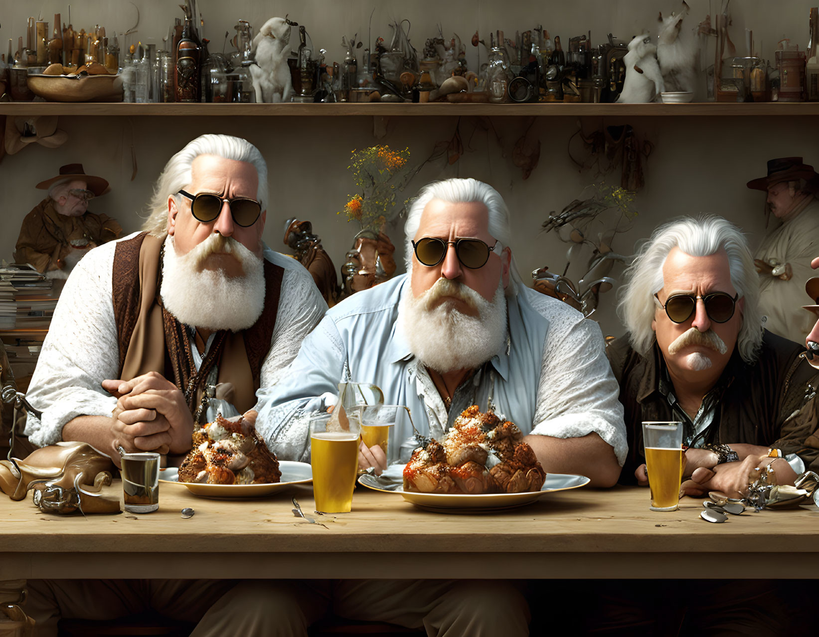 Elderly men with white beards at table with beer and food in room with shelves