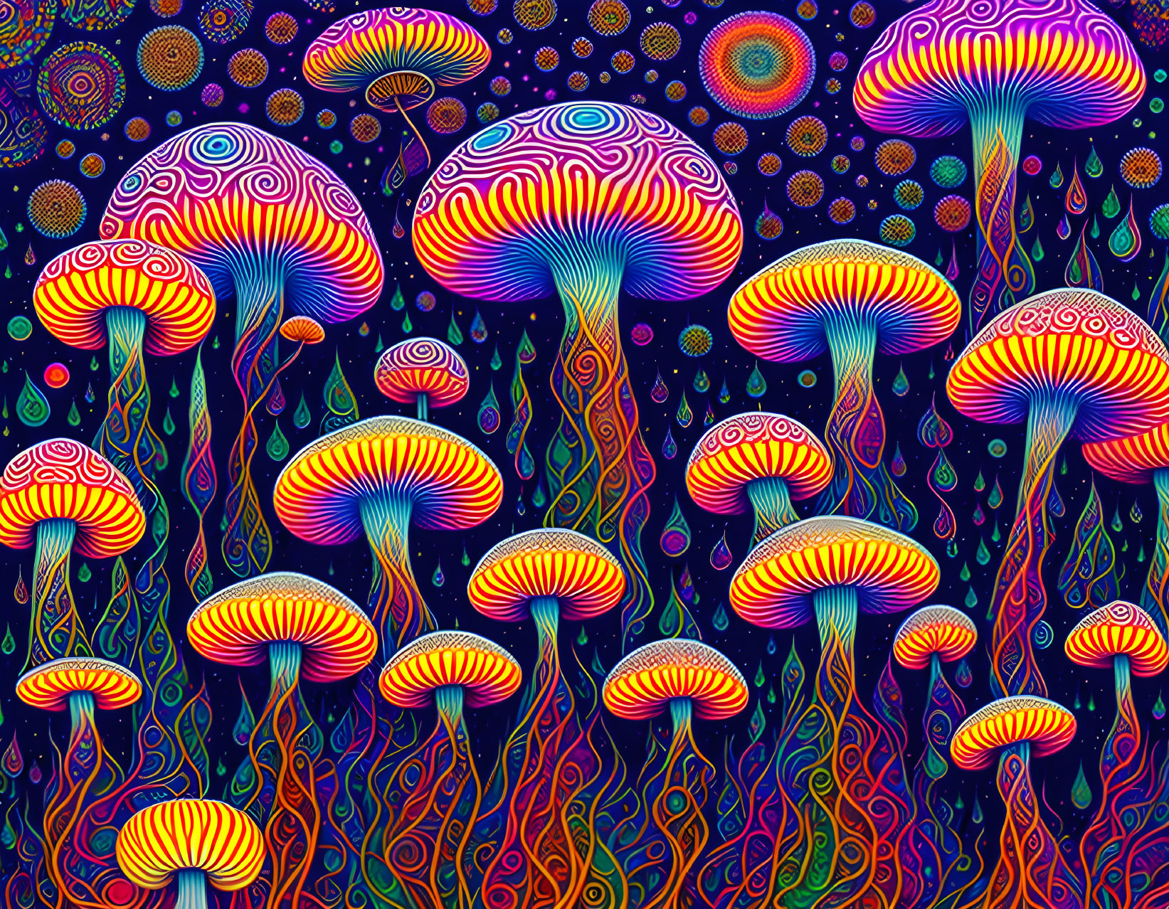 Vibrant psychedelic mushroom illustration on dark background